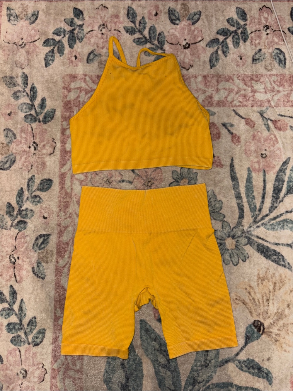 High-Rise Ribbed Athletic Bike Shorts and Sports Bra Top in Mustard